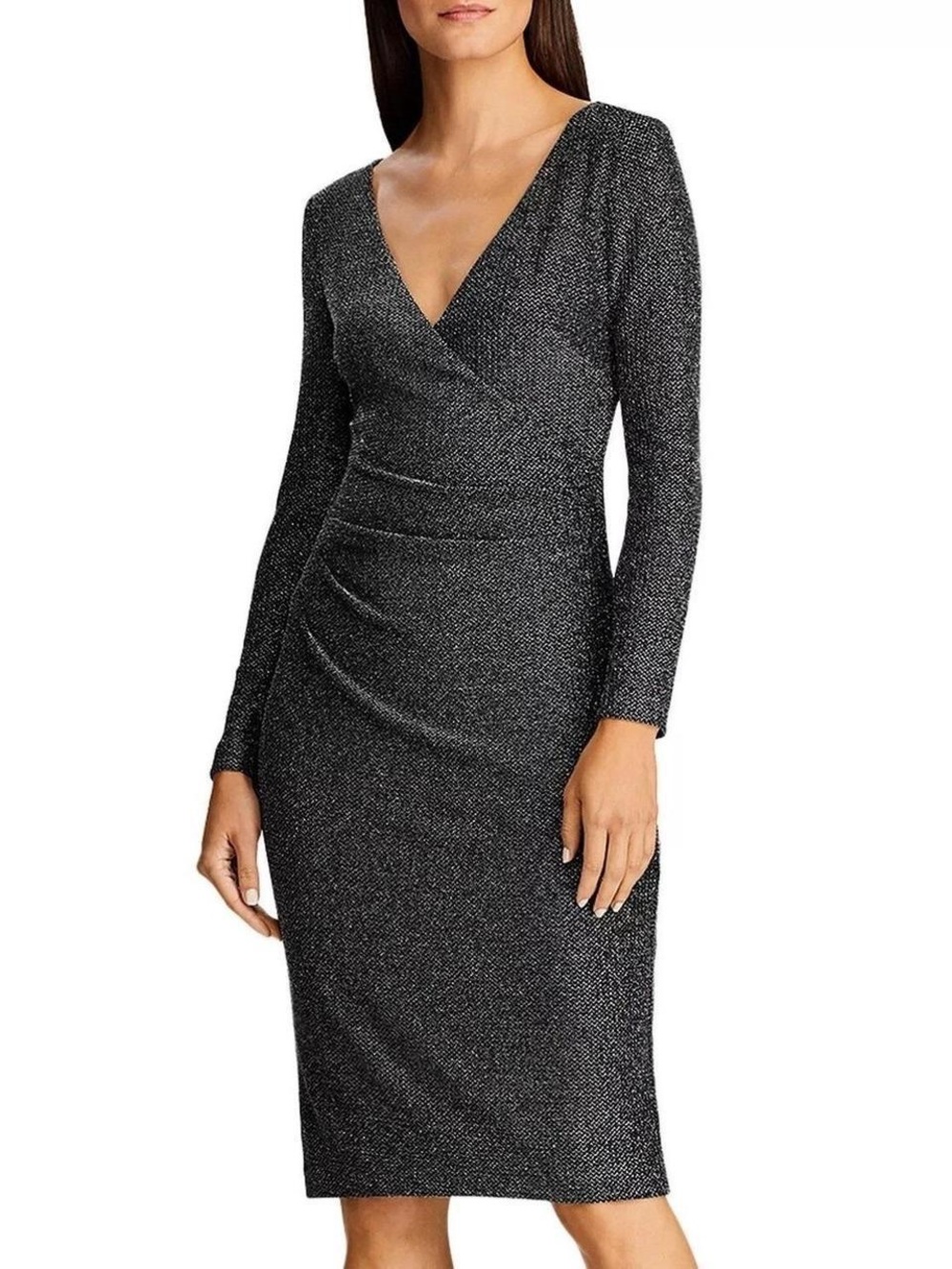 Ralph Lauren Black Silver Metallic Shimmer Long Sleeve V-Neck Faux Wrap Dress 14